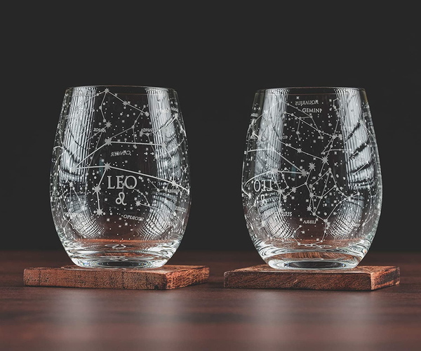Leo Etched Stemless Wine Glass Set