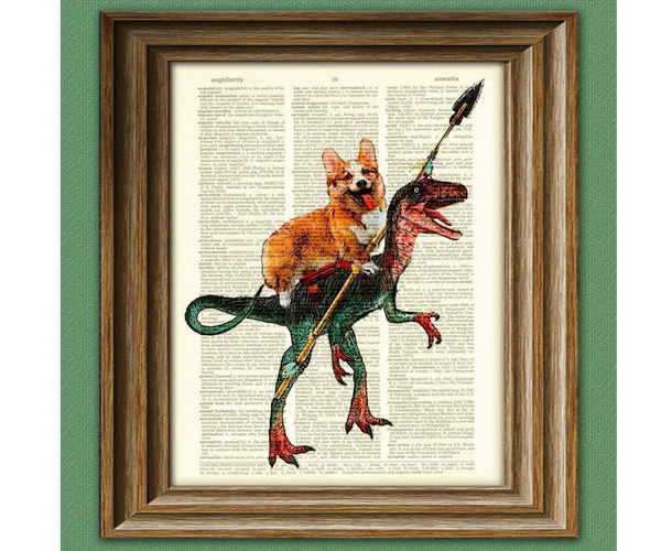 Corgi Riding a Velociraptor Print