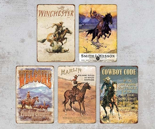 Western Cowboy Vintage Tin Sign Set