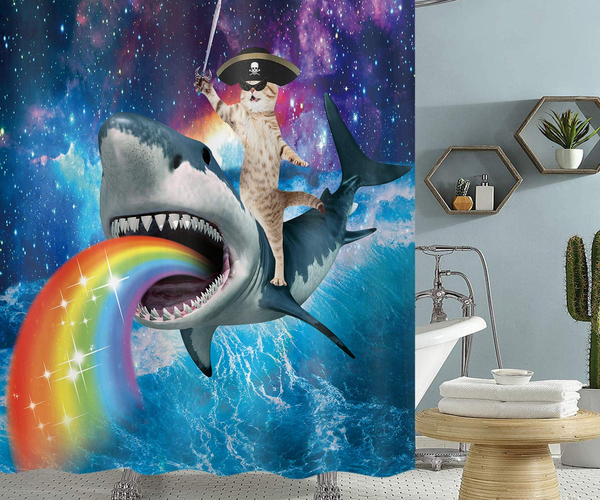 Pirate Cat on a Shark Funny Shower Curtain